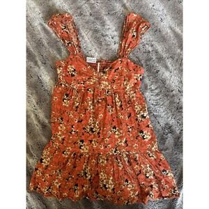 Free People Floral Mini Dress Orange Tan Linen Blend Smocked Back Small